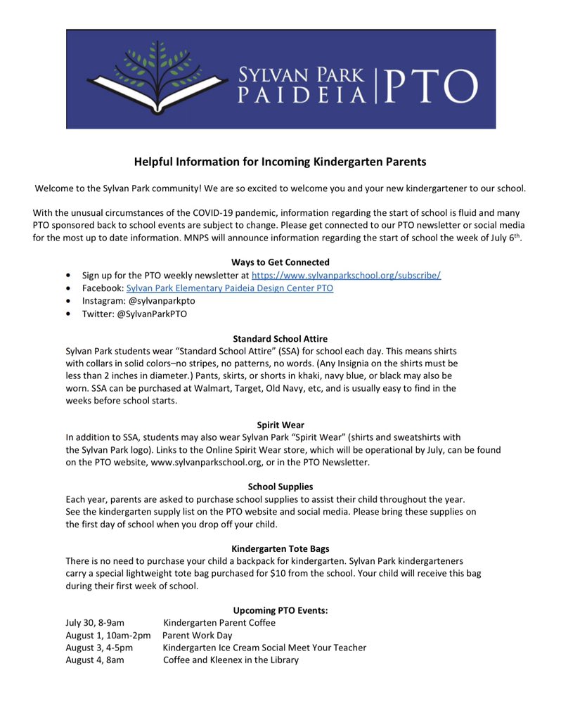 SylvanParkPTO's tweet photo. Helpful Information for Kindergarten Families https://t.co/yXWwMBfXfz