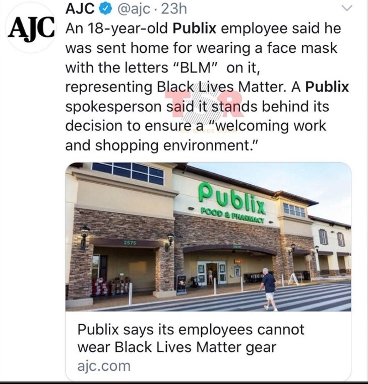 kynick2's tweet photo. @Publix is the Confederate flag acceptable on work attire? https://t.co/GfytemLJ2o
