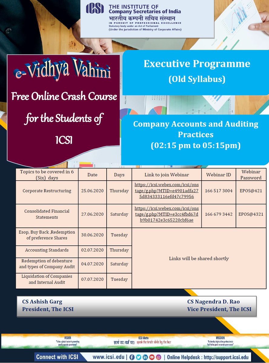 #ICSI #e_VidhyaVahini Schedule of #free #online #CrashCourse class of #ExecutiveProgramme (Old Syllabus) of #CompanyAccounts and #Auditing #Practices  #csashishgarg