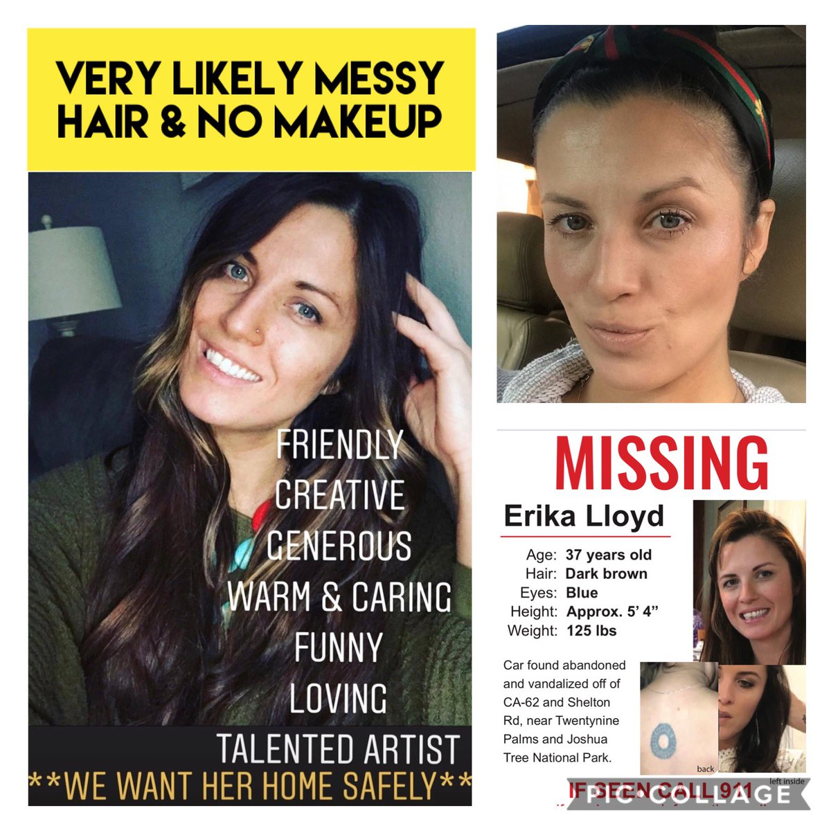 MegGardner's tweet photo. PLS SHARE! STILL MISSING! #BringErikaLloydHome #bayarea #awakening #desertfam #29palms
#missingperson #bayareabrides #joshuatree #desertdwellers #twentyninepalms #morongobasin #wondervalley #girlswhotravel #ilovethedesert #californiadesert #29palmsmarinebase #29palmsfarmersmarket https://t.co/VJHMhKJIUG
