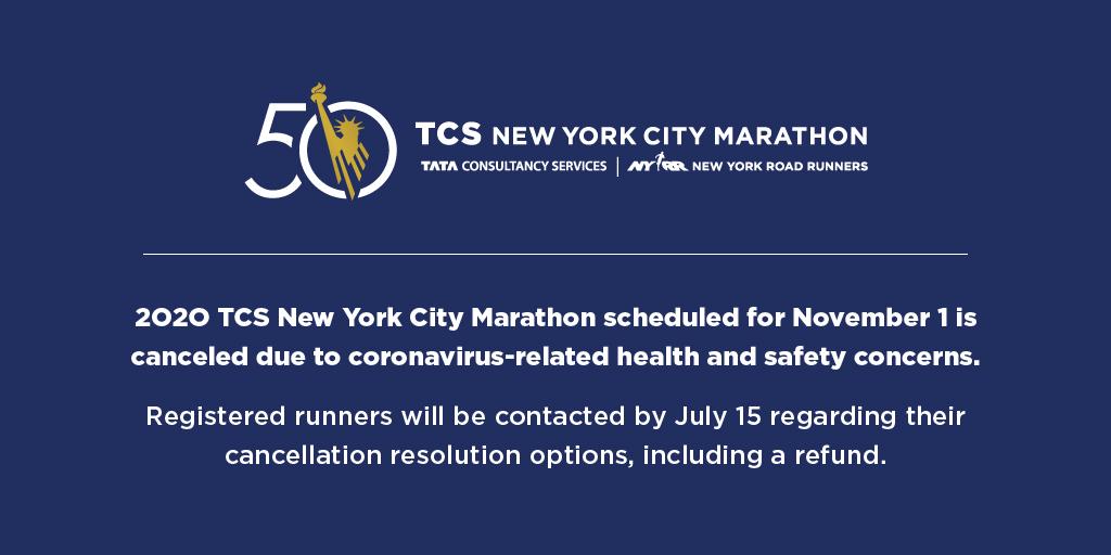 The 2020 #TCSNYCMarathon, set to take place on Nov. 1, has been canceled due to coronavirus-related health and safety concerns. Registered runners will be contacted by July 15 regarding their cancellation resolution options, including a refund. Learn more: bit.ly/31e7Dds