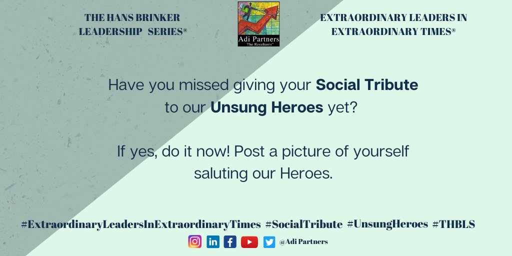 AdiPartners's tweet photo. Letβs Salute our Unsung Heroes, Post a picture of yourself saluting our Heroes!
The Hans Brinker Leadership Series - Extraordinary Leaders in Extraordinary Times.
#THBLS #ExtraordinaryLeadersInExtraordinaryTimes #Heroes #AdiPartners #Leader #Tribute #TributeSelfie #UnsungHeroes https://t.co/YZUAJrUVAu
