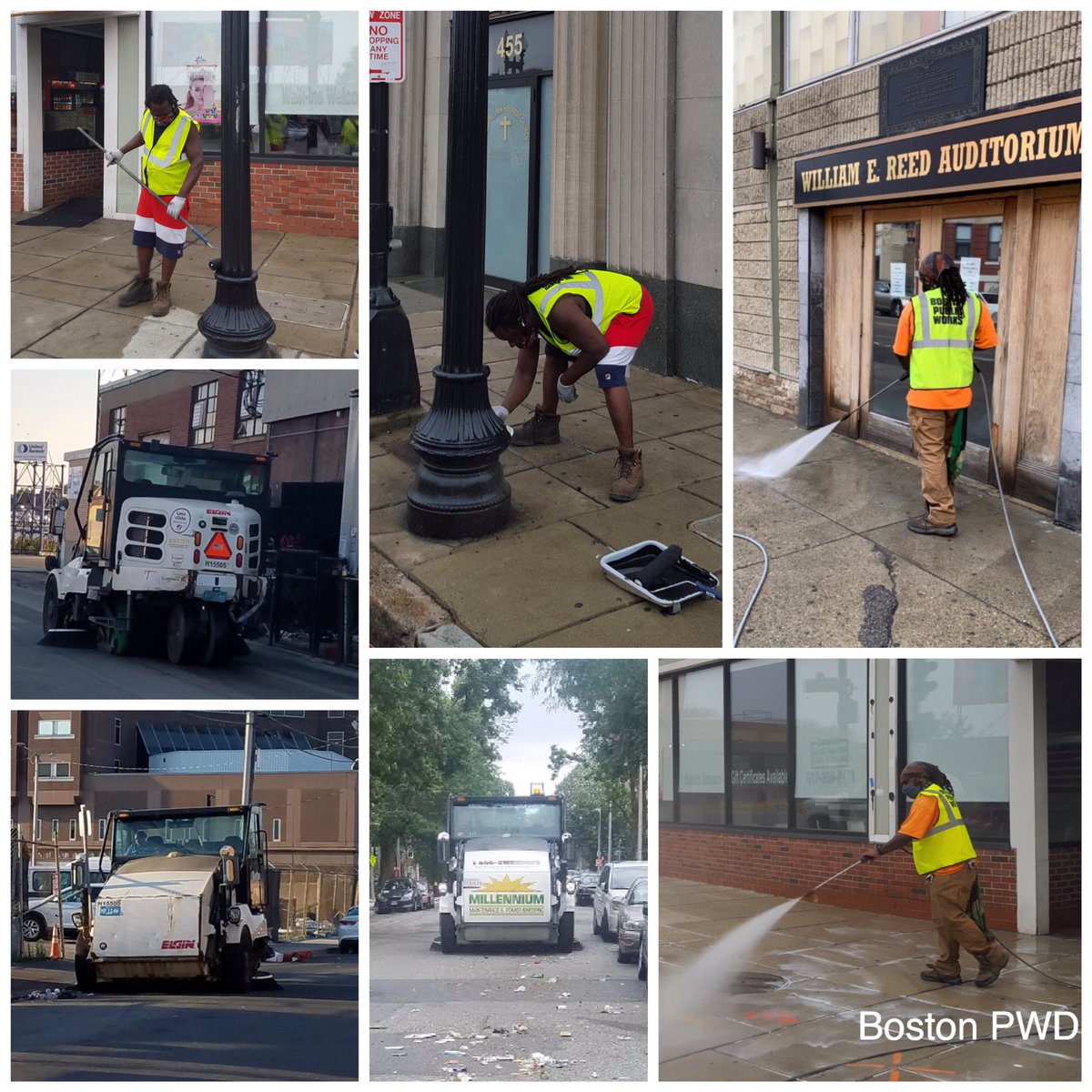 While PWD crews continue to paint street poles and power wash sidewalks in #GroveHall, our District 1 and District 10 sweepers are cleaning litter and debris on multiple streets in #Roxbury and the #SouthEnd.