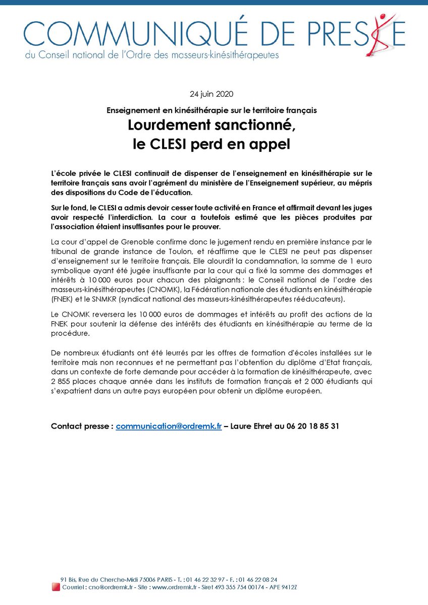 cnomk's tweet photo. L'école privée le CLESI qui continuait de dispenser de l’enseignement en kinésithérapie sur le territoire français perd en appel et est lourdement sanctionnée. https://t.co/ALpdePK0nE
