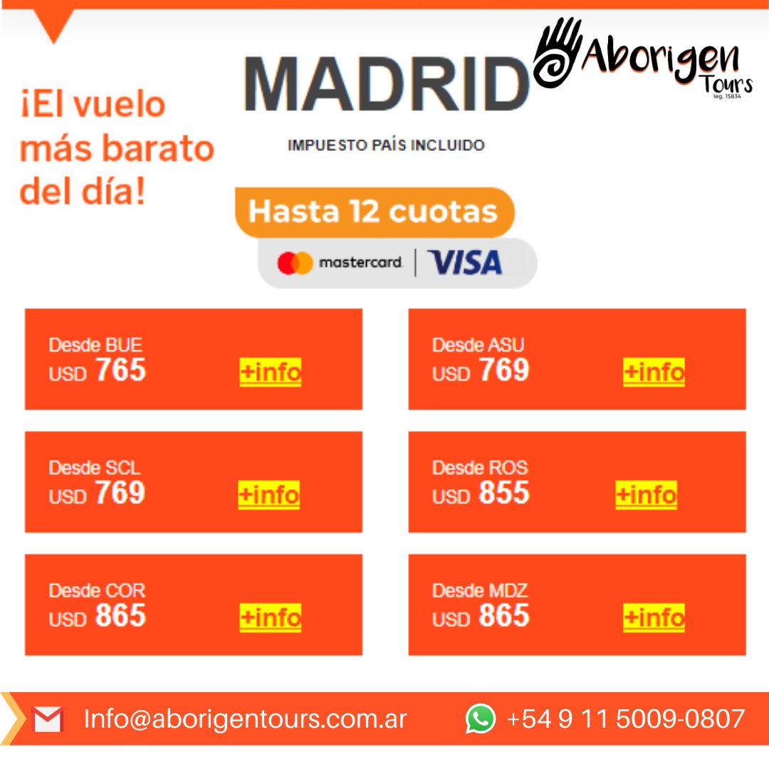 AborigenTours's tweet photo. Promo imperdible!!
Planifica tu viaje a Madrid con nosotros

Consultanos por los siguientes medios
whatsapp: +54 9 11 5009-0807
Mail: Info@aborigentours.com.ar

#Vuelosbaratos #Madrid #España #Planificatuviaje #Aborigentours #viajá #agenciadeviaje #economico #vueloecoonomico https://t.co/BIWHdqw9kY