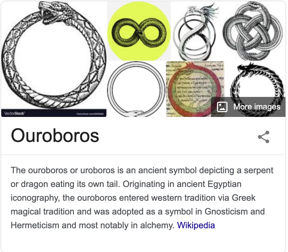 We first know of Ouroboros from ancient Egypt. It's a metaphor of time as a loop & not linear progression. Related is the belief that the sun is the source of cyclical time, traveling the void of night to appear again the next day. Thus, time flows back in a cycle of renewal.