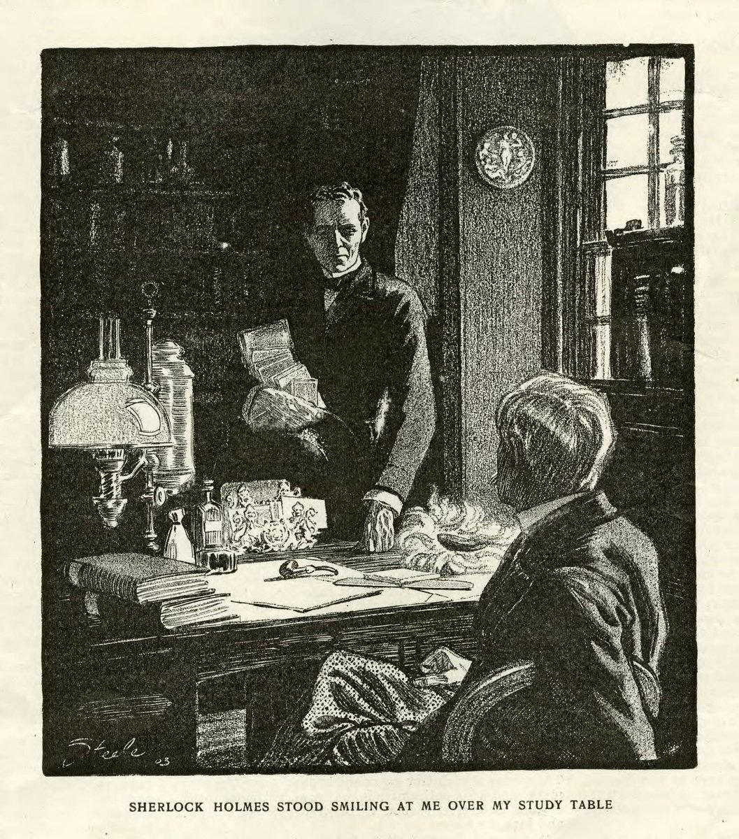 FDS gave us this illustration for "The Empty House" in 1903. We  @SherlockUMN  @umnlib note the caption: "Sherlock Holmes stood smiling at me over my study table." We hope he's smiling at you, too, in study, listening, or action--to make life safe & whole.  http://purl.umn.edu/99712 