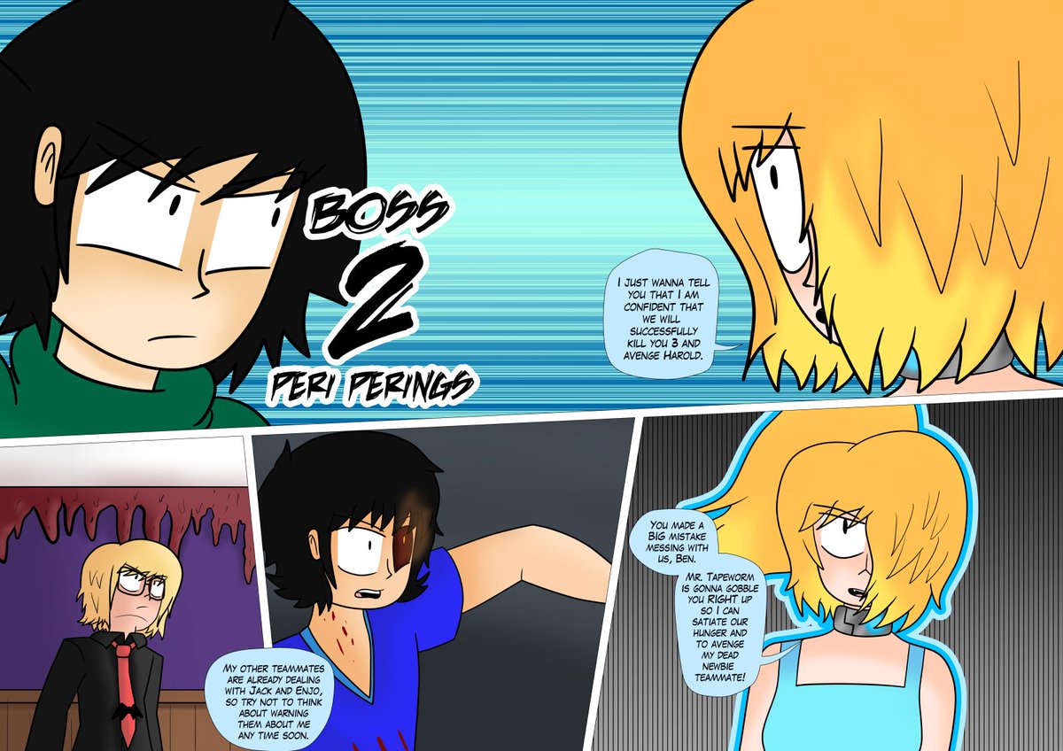 @toriestangles I'm Reap! I'm working on a comic called Boss Rush! Watch as Jack and his friends engage in deadly battles against the evil members of the Blue Eye Organization! I'm looking forward for 300 followers!

https://t.co/XdKuDPfTTV 
I also make fanart. 
@Hermione_Mynie
@WishyTheWashu 