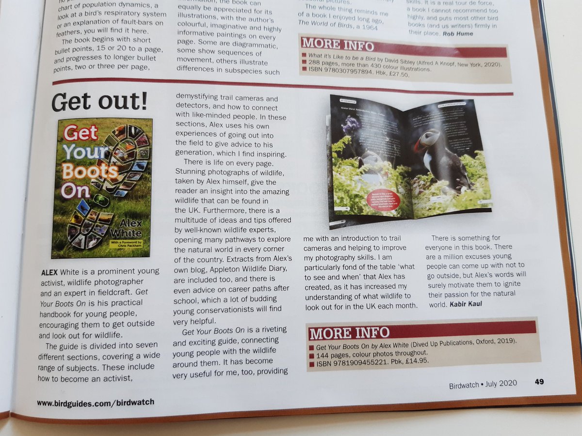Chuffed to see my review of @Appletonwild's Get Your Boots On in the latest issue <a href="/BirdwatchExtra/">Birdwatch</a>! The book is an informative introduction to being a conservationist, and would definitely recommend it to any young wildlife enthusiast. It has some beautiful photos too!