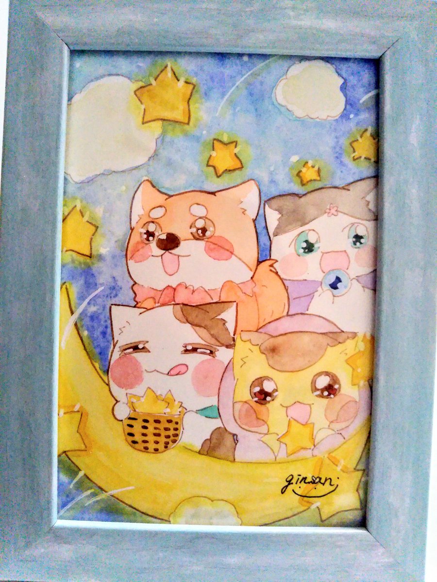 ぎんさん のんびりイラストレーター お月さま散歩 完成 イラスト アナログイラスト オリジナルイラスト 夜空 いぬ ねこ かわいい 月 星 ハガキサイズ 原画 透明水彩 のんびり日和