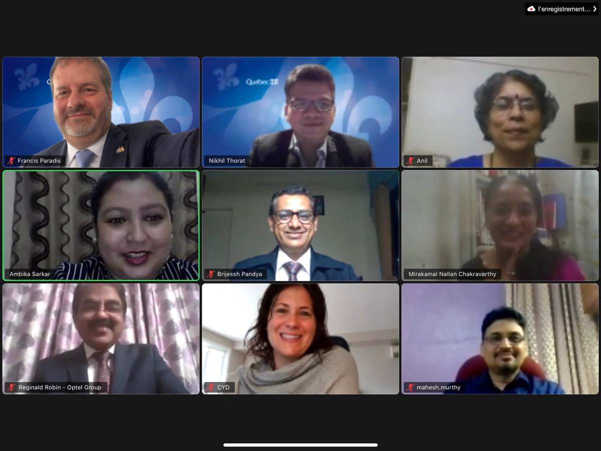 Quebec_India's tweet photo. Today we celebrated virtually Québec’s National Day with 9 Québec companies present in India, 2 Heads of French Dept of 2 universities, @AnnieFDube Consul General of Canada in Mumbai, BQM team and our colleagues from @economie_quebec @InvestQuebec
#FNQC #24juin https://t.co/cWG7Naz7Zp