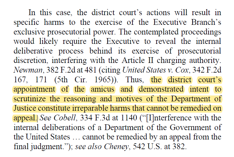 DC Cir. explains why mandamus is proper:Judge Sullivan's appointment of the amicus and scrutiny of DOJ motives/reasoning constitutes "irreparable harms."