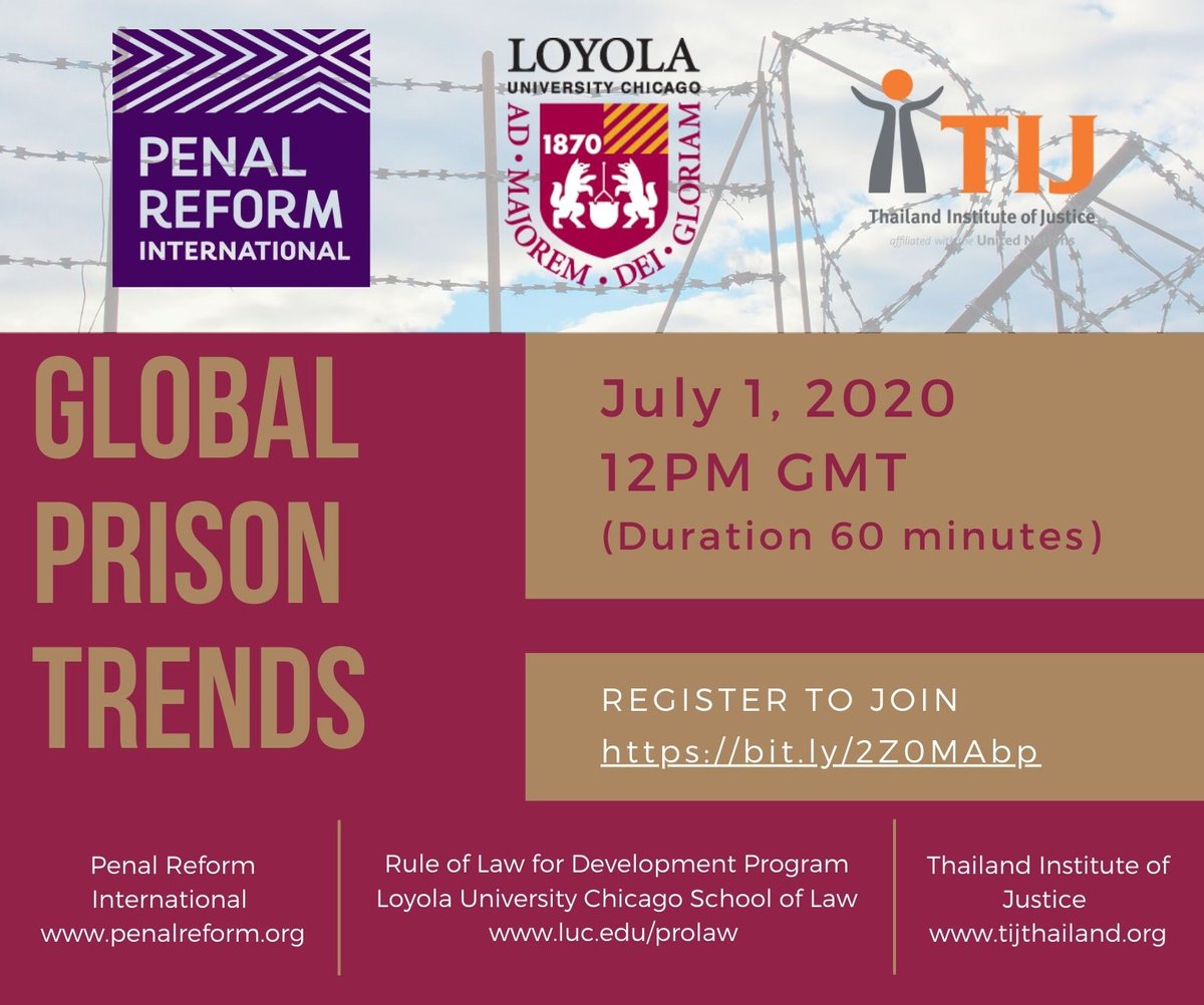 LoyolaLaw's tweet photo. Join #PROLAW, Thailand Institute of Justice (TIJ) and Penal Reform International for an upcoming discussion on Global Prison Trends.
July 1, 2020 - 8AM NY / 1PM London / 7PM Bangkok
Register here: https://t.co/3w5XGS55AW https://t.co/3PVT9a8R1e