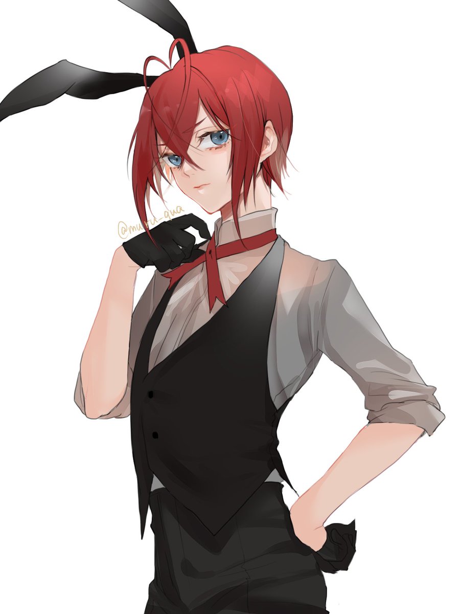 1boy male focus gloves red hair solo blue eyes animal ears  illustration images