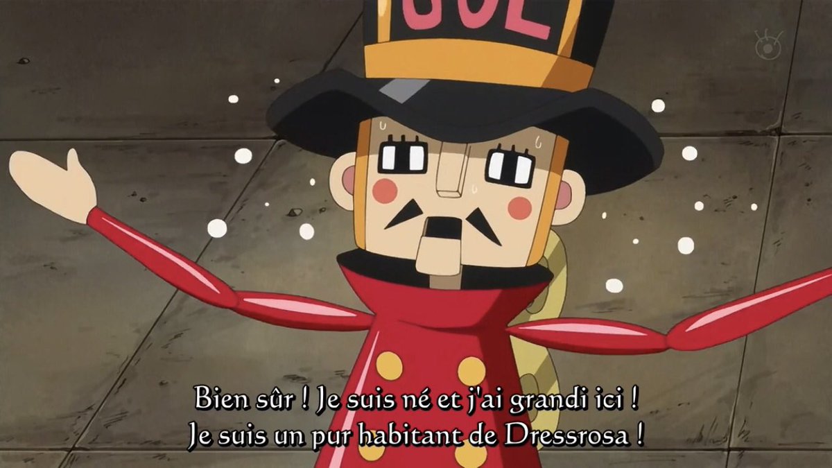  - Arc Dressrosa - 5/46Luffy s’inscrit au tournoi sous le nom de Lucy et fait la rencontre d’un homme jouet (cette île est mystérieusement habité par des jouets ).Il rencontre Rebecca devant la statue d’une personne oubliée par tous qui est l’ancien gladiateur Kyros :