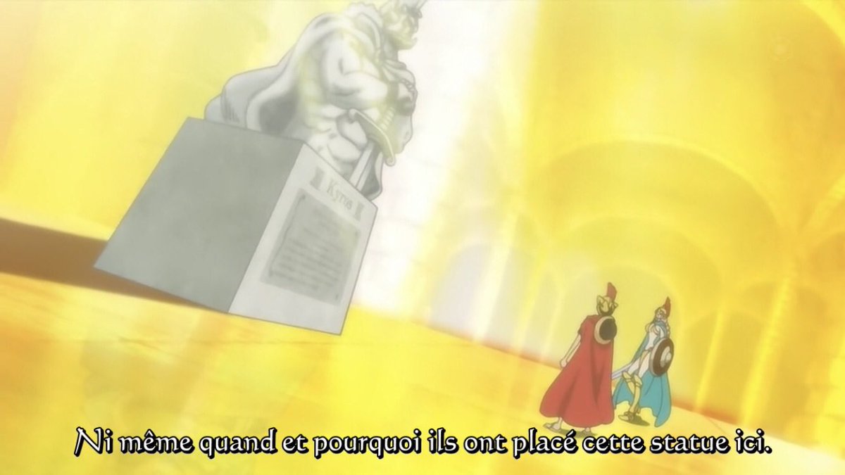  - Arc Dressrosa - 5/46Luffy s’inscrit au tournoi sous le nom de Lucy et fait la rencontre d’un homme jouet (cette île est mystérieusement habité par des jouets ).Il rencontre Rebecca devant la statue d’une personne oubliée par tous qui est l’ancien gladiateur Kyros :