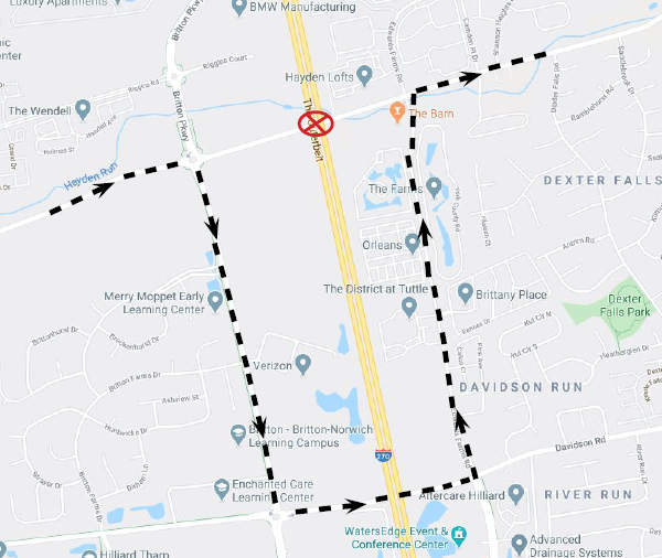 HilliardGov's tweet photo. Hayden Run Road under the I-270 bridge will close on Thursday, June 25, from 9 a.m. – 3 p.m. for installation of trust structures to extend the Hayden Run Central Ohio Greenways Trail. #COGTrails

Detour: Britton Parkway; Davidson Road; Edwards Farms Road; Hayden Run Road. https://t.co/HumUxLAtcJ