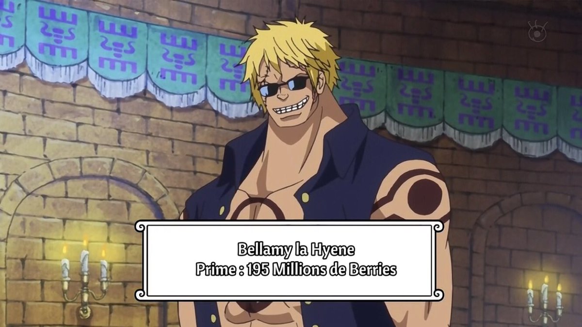  - Arc Dressrosa - 7/46Le vieil homme est en fait le nouvel amiral de la Marine ; Fujitora (épéiste qui a le fruit de l’apesanteur). Première apparition de Bartolomeo ; un grand fan des Mugiwaras et retrouvailles avec Bellamy :