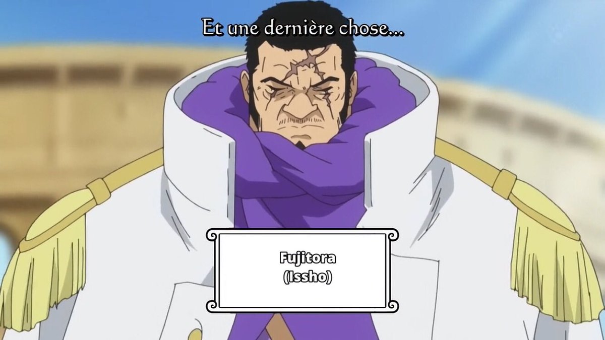  - Arc Dressrosa - 7/46Le vieil homme est en fait le nouvel amiral de la Marine ; Fujitora (épéiste qui a le fruit de l’apesanteur). Première apparition de Bartolomeo ; un grand fan des Mugiwaras et retrouvailles avec Bellamy :