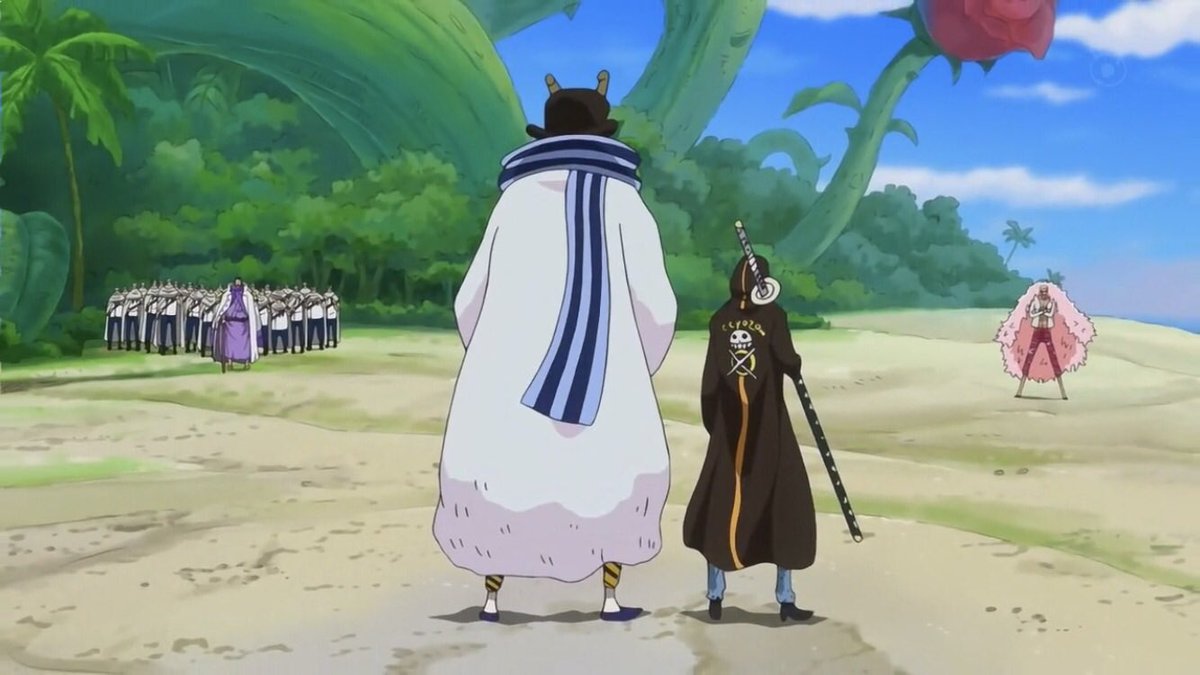  - Arc Dressrosa - 9/46Law tant qu’a lui s'est fait piéger par Doflamingo et la Marine dont le CP0. Doflamingo n’a jamais quitté les 7 Grands Corsaire. Il est en fait un Dragon Céleste ce qui lui a permit de faire un faux article. Law doit donc s’enfuir :