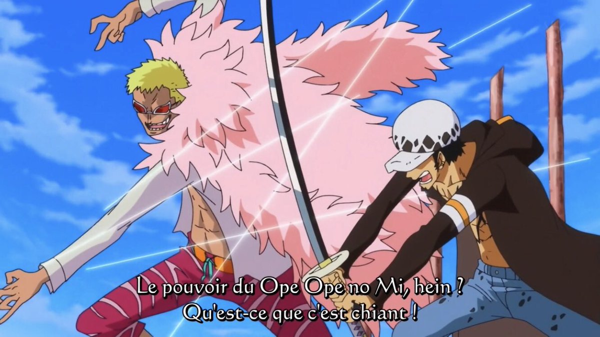 - Arc Dressrosa - 18/46Law perd face à Doflamingo et se fait blesser gravement. Tandis que Franky fait diversion devant l’usine pour que les Tontattas le peuple de Green Bit ainsi que Robin et Usopp s’y infiltrent :