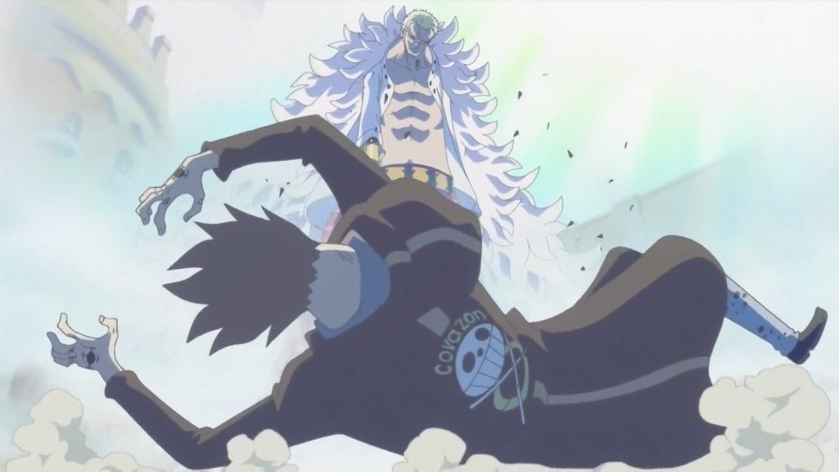  - Arc Dressrosa - 18/46Law perd face à Doflamingo et se fait blesser gravement. Tandis que Franky fait diversion devant l’usine pour que les Tontattas le peuple de Green Bit ainsi que Robin et Usopp s’y infiltrent :