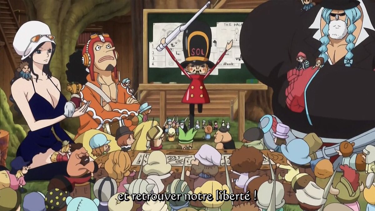  - Arc Dressrosa - 13/46Bartolomeo après la victoire de Luffy le protège et lui avoue son admiration Rebecca avoue a Luffy qu’elle est la petite fille de l’ancien Roi (nièce de Violette) et qu’elle est gardée enfermée dans l’arène.L’attaque de l'usine va commencer :