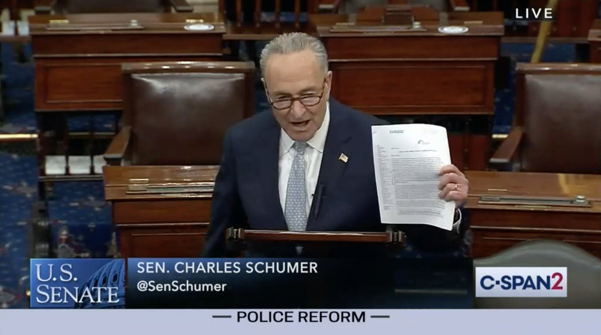 Senator Schumer speaks from the Senate floor. He is holding up our letter signed by 138 organizations urging senators to oppose the JUSTICE Act.