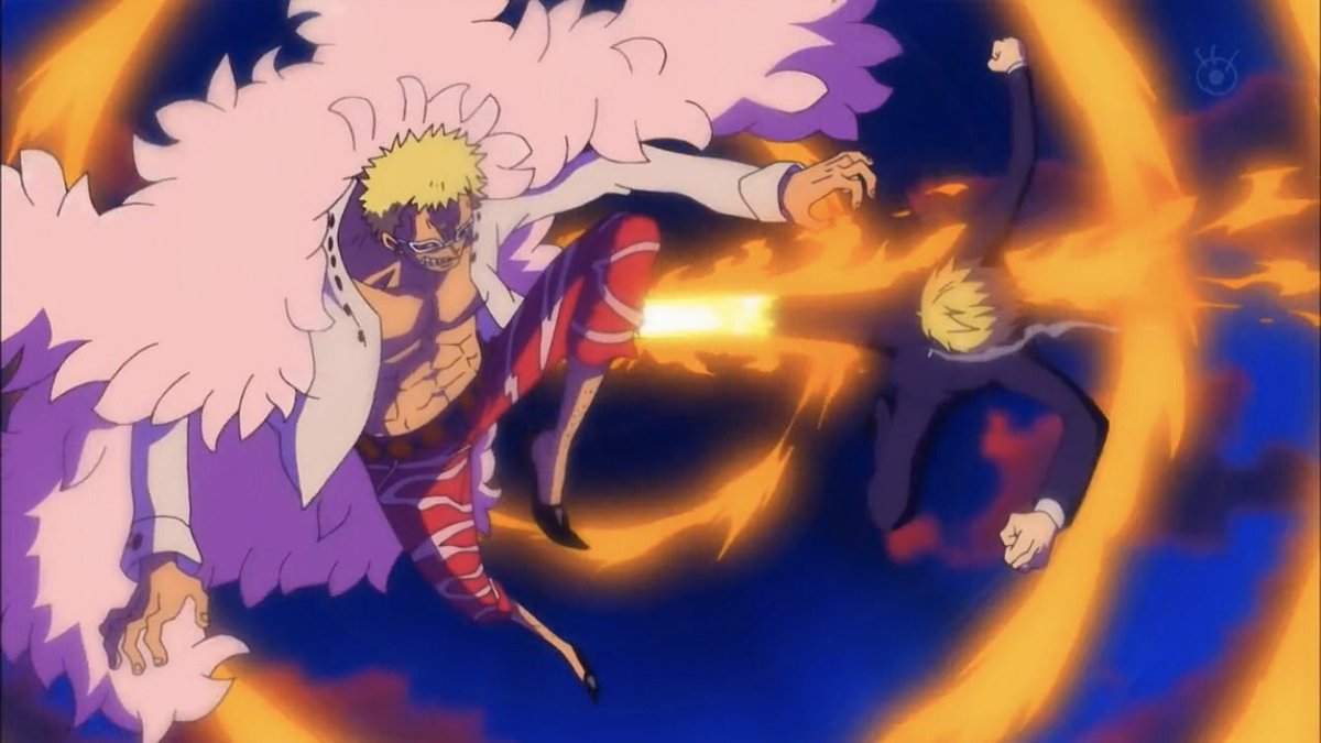  - Arc Dressrosa - 15/46Doflamingo arrive pour sauver son officier et tuer en même temps les Mugiwaras sur le bateau.Sanji arrive à la rescousse et permet aux autres de s’enfuir, le plan a échoué ; ce groupe là par sur l’île de Zou avec Caesar en attendant les autres :