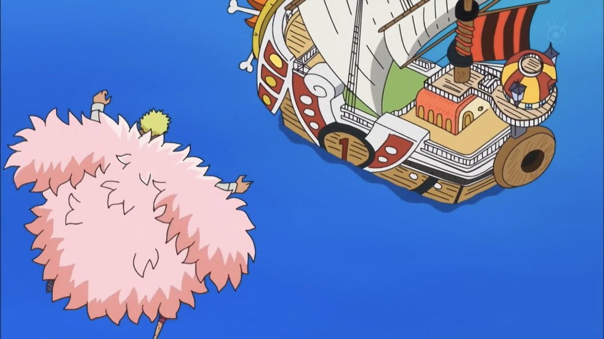  - Arc Dressrosa - 15/46Doflamingo arrive pour sauver son officier et tuer en même temps les Mugiwaras sur le bateau.Sanji arrive à la rescousse et permet aux autres de s’enfuir, le plan a échoué ; ce groupe là par sur l’île de Zou avec Caesar en attendant les autres :