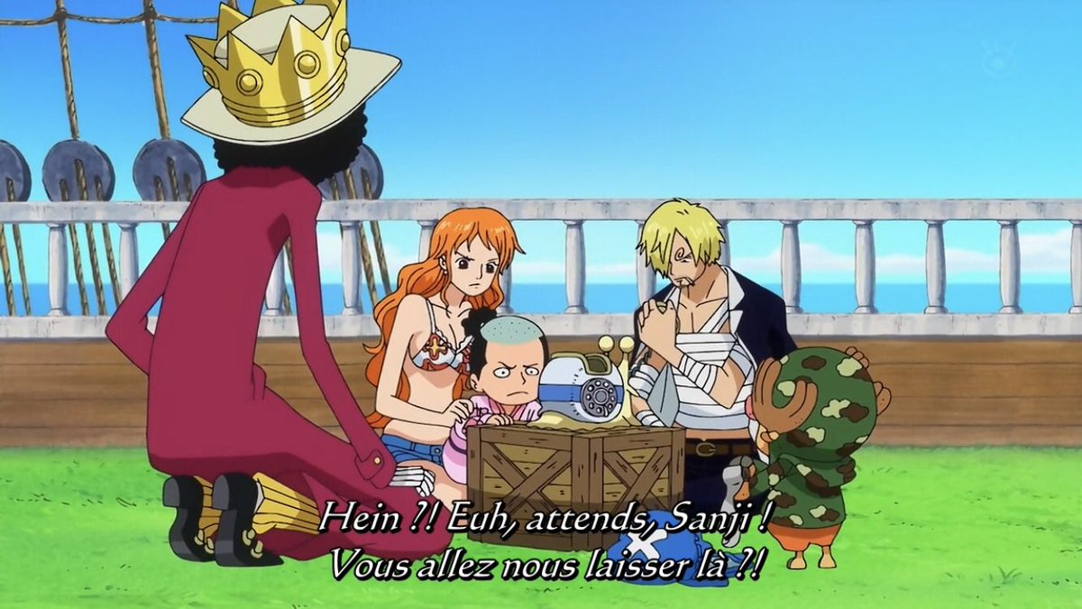  - Arc Dressrosa - 15/46Doflamingo arrive pour sauver son officier et tuer en même temps les Mugiwaras sur le bateau.Sanji arrive à la rescousse et permet aux autres de s’enfuir, le plan a échoué ; ce groupe là par sur l’île de Zou avec Caesar en attendant les autres :