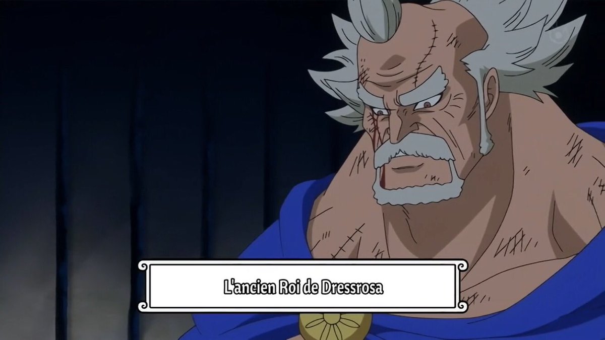  - Arc Dressrosa - 16/46Les anciens perdants de l’arène se sont fait berner par Doflamingo et sont enfermés dans les sous sols de l’île avec l’ancien roi Riku.Bartolomeo sauve Bellamy de l’exécution ordonnée par Joker tandis que Le bateau de Big mom poursuit le Sunny :