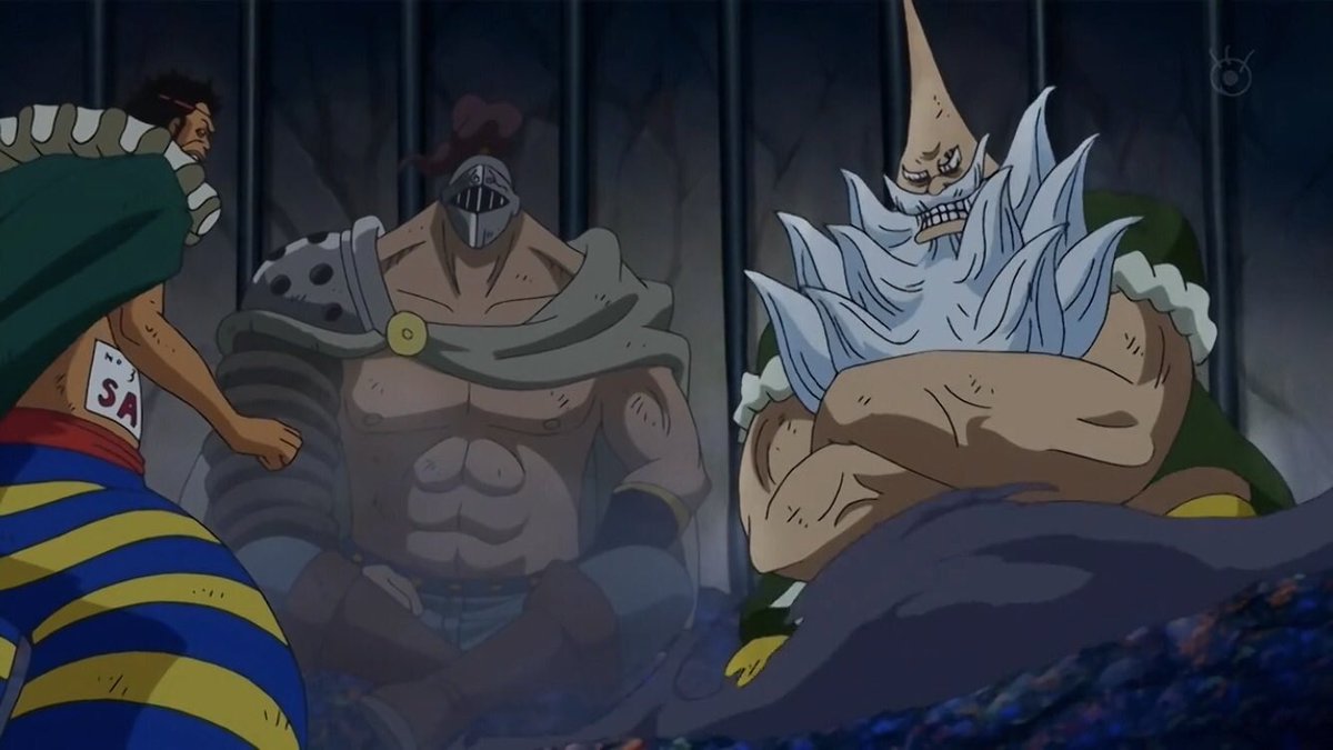  - Arc Dressrosa - 16/46Les anciens perdants de l’arène se sont fait berner par Doflamingo et sont enfermés dans les sous sols de l’île avec l’ancien roi Riku.Bartolomeo sauve Bellamy de l’exécution ordonnée par Joker tandis que Le bateau de Big mom poursuit le Sunny :