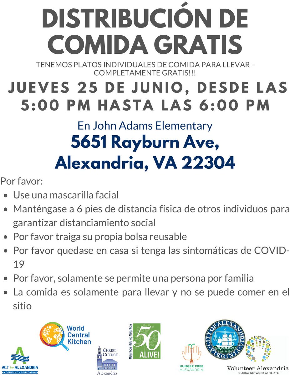 Hunger Free Alexandria (@hfreealexandria) on Twitter photo TOMORROW 5 - 6 pm <a href="/JohnAdamsElem/">John Adams Elem Sch</a>
Hot meals from <a href="/WCKitchen/">World Central Kitchen</a> and groceries from <a href="/ALIVE4AlexVA/">ALIVE!</a> TOMORROW 5 - 6 pm <a href="/JohnAdamsElem/">John Adams Elem Sch</a>
Hot meals from <a href="/WCKitchen/">World Central Kitchen</a> and groceries from <a href="/ALIVE4AlexVA/">ALIVE!</a>