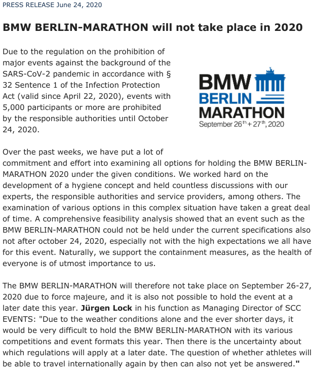 Within minutes of the NYC Marathon being cancelled, the Berlin Marathon confirms it will be cancelled entirely in 2020 (previously Berlin had said the race could not be held as usual on its scheduled date of September 27 but had stopped short of full cancellation).