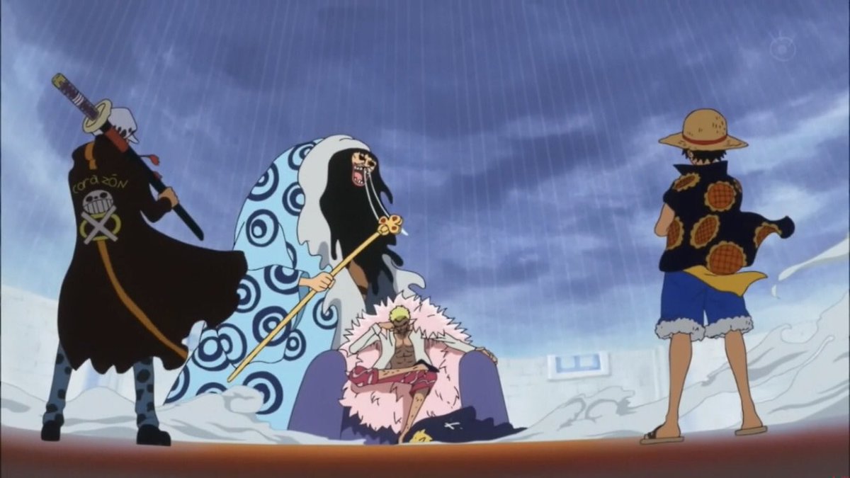  - Arc Dressrosa - 28/46Tandis que Rebecca se fait attaquer par Diamante, Kyros son père la sauve de l'assassin de sa femme.Luffy et Law sont arrivés devant Joker. Law va raconter son passé mais avant il dévoile que son pouvoir peut donner la vie éternelle :