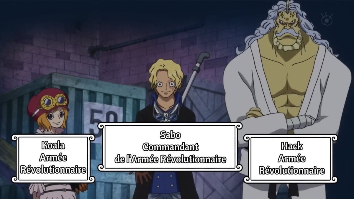  - Arc Dressrosa - 23/46 Usopp est alors le sauveur des anciens jouets et se fait appeler God Usopp.Sabo est le numéro 2 des révolutionnaires accompagnés de ses 2 compagnons dont Koala (petite fille présente sur le bateau de Fisher Tiger) :