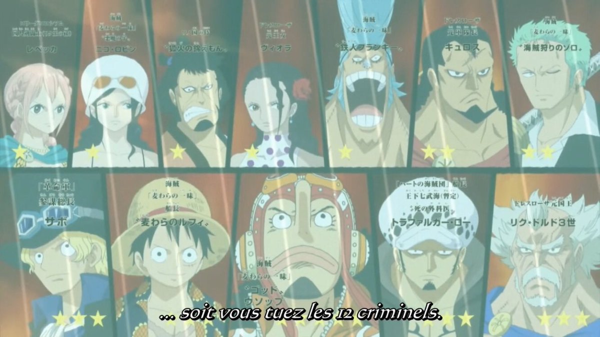  - Arc Dressrosa - 24/46 Doflamingo embêté par les événements décide de détruire l’île avec « la cage » et met des primes sur ses ennemis. Il promet au peuple d’arrêter la cage si ils sont tués où amenés à lui :