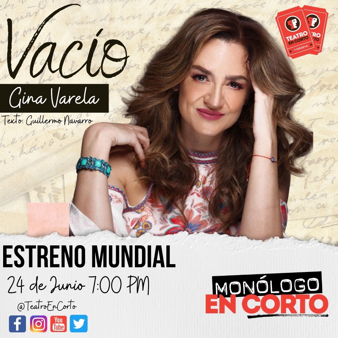 Hoy es nuestro último  #MonologoEnCorto y cerramos con broche de oro con una gran actriz! No te puedes perder el gran estreno de #Vacio con <a href="/ginavarela/">Gina Varela</a> 7:00 PM en todas las redes sociales de #TeatroEnCorto