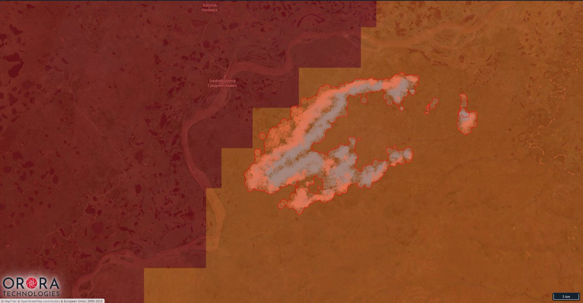 OroraTech's tweet photo. Update: Here is a closer look at just one of the many #actfires 67N Siberia in the #SakhaRepublic in our #wildfire monitoring service. Smoke plumes and fire danger index show the risk and air quality effects during the #ArcticHeatwave https://t.co/MgipPmgNOT