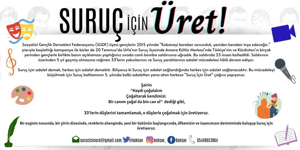 beksav_'s tweet photo. 33'lerin düşlerini tamamlamak, o düşlerle çoğalmak için üretiyoruz.

Bir ezginin tınısında, bir şiirin dizesinde, renklerin ahenginde, yeni bir öykünün başlangıcında, öfkemizin ve isyanımızın deviniminde buluşup Suruç için üretiyoruz.

#SurucuHatırla
#SurucuUnutma https://t.co/Dh0KLojTpL