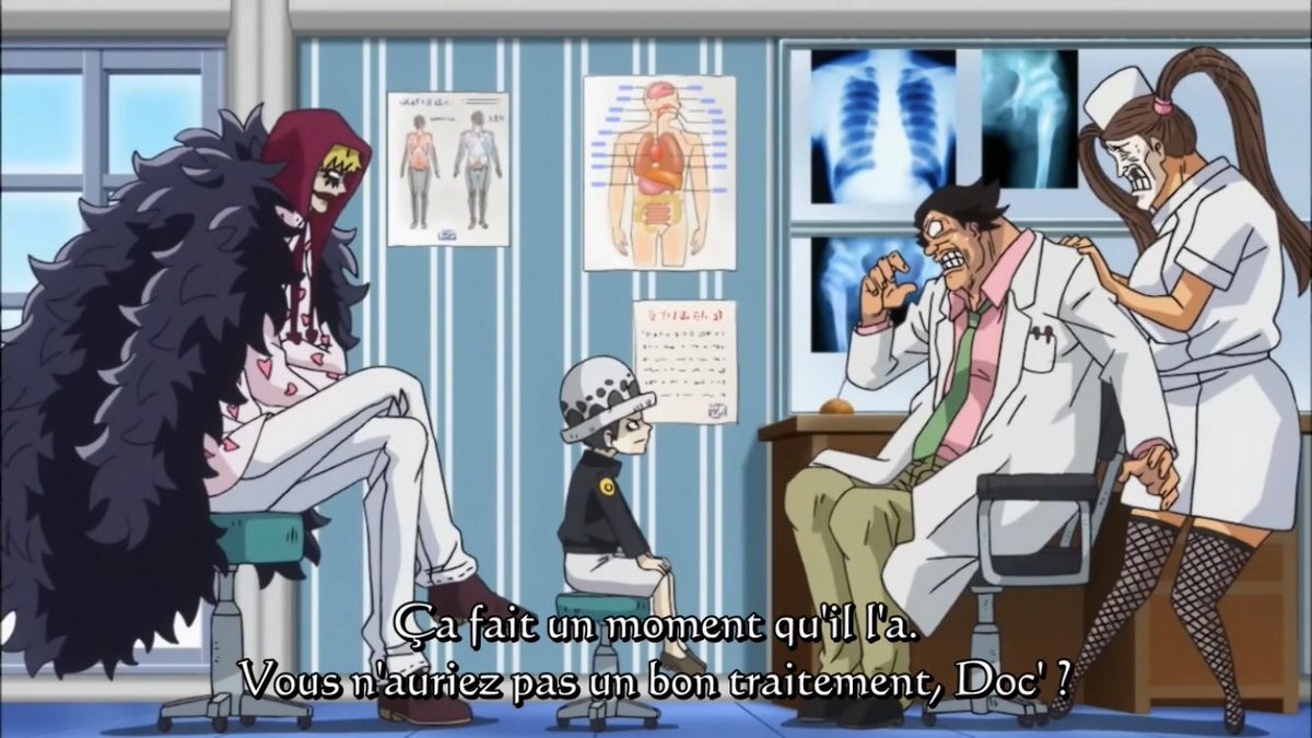  - Arc Dressrosa - 30/46Corazon le frere de Doflamingo va essayer de soigner Law et part donc avec lui, il lui révèle en même temps qu’il fait croire à son frère qu’il ne sait plus parler mais il se sert juste de son pouvoir ; celui du fruit du silence :