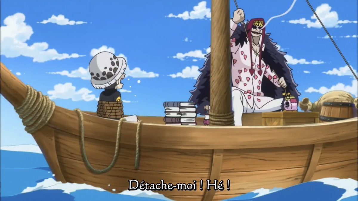  - Arc Dressrosa - 30/46Corazon le frere de Doflamingo va essayer de soigner Law et part donc avec lui, il lui révèle en même temps qu’il fait croire à son frère qu’il ne sait plus parler mais il se sert juste de son pouvoir ; celui du fruit du silence :