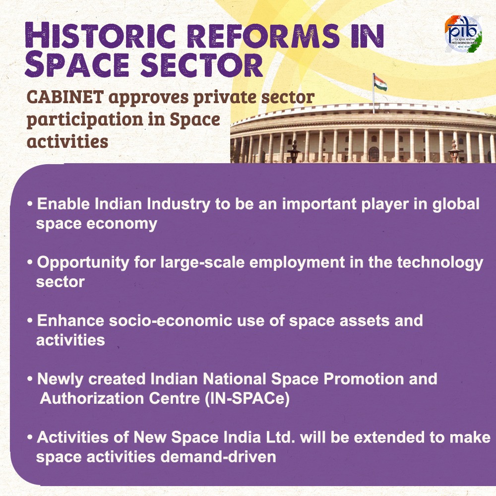 PIB_India's tweet photo. #Cabinet approves historic reforms in #Space sector aimed at boosting private sector participation in space activities
With these reforms, the sector will receive new energy & dynamism to help the country leapfrog to the next stages of space activities
▶️https://t.co/8s58oRgnUj https://t.co/RKf0zWpTtG
