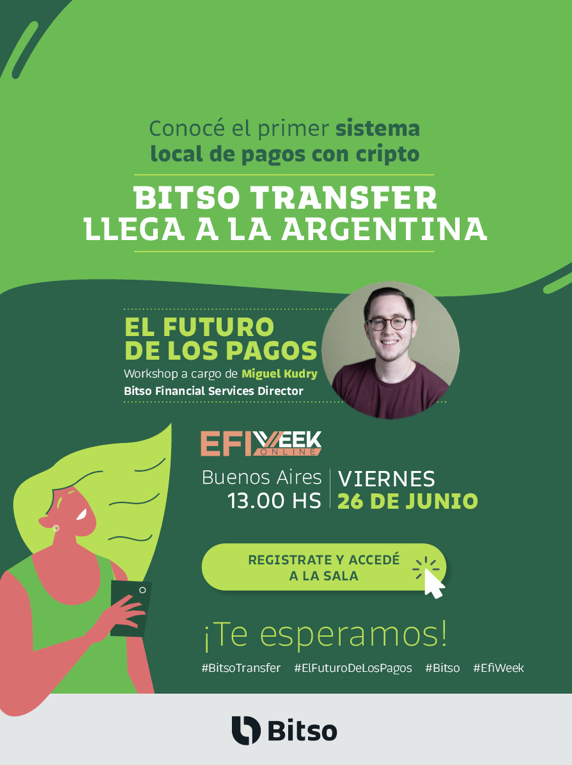 Bitso's tweet photo. ¡El dinero está evolucionando!
📲🚀
Descubre el futuro de los pagos junto a @kudry.
Únete a #EFIweek este viernes 26 de junio a las 13:00 hrs (GMT-3), evento online presentado por @ExpoEFI.
Inscribite aquí: https://t.co/7LUNdqxTp7.
#BitsoTransfer #ElFuturoDeLosPagos https://t.co/RsenQVJWft