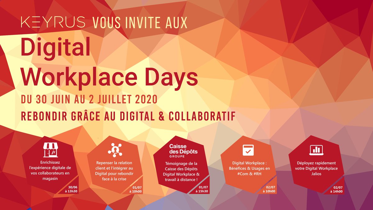 Keyrus_group's tweet photo. Participez aux Digital Workplace Days !
En savoir + 👉https://t.co/rWAHa0hbHn
@Jalios &amp; @Keyrus_group vous invitent à assister à leur conférence :
"La Digital Workplace : Bénéfices &amp; Usages #Com #RH"
Jeudi 2 juillet 2020 à 10h https://t.co/UZAE6X8fOu