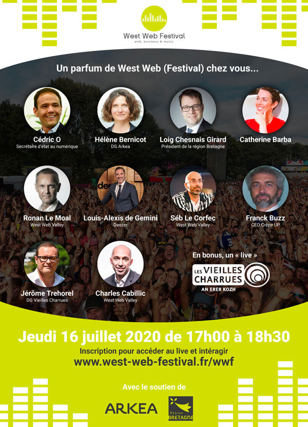 Xplorevc's tweet photo. L'esprit #WestWebFestival sera chez vous dans 3 semaines. Rejoignez-nous le 16/07 de 17h à 18H30 avec @cedric_o @cathbarba @HeleneBernicot @LoigCG @AlexisdeGemini @jerometrehorel @ronanLM @charlescabillic @seblecorfec. C'est gratuit, inscription sur : https://t.co/45hLnD9yFB https://t.co/gLQlFKm3JJ