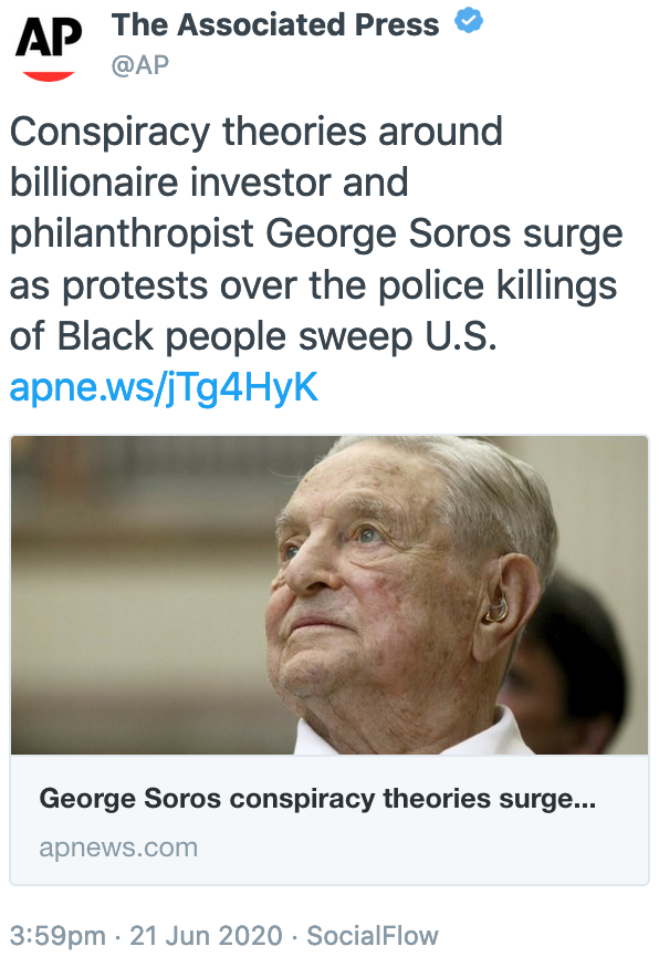 The story around the BLM protests is that Soros has funded a massive interference project, including a faked murder, paid protesters, and a plan to destroy America.This paranoid conspiracy theory is just a continuation of the fascist story of the world.10/