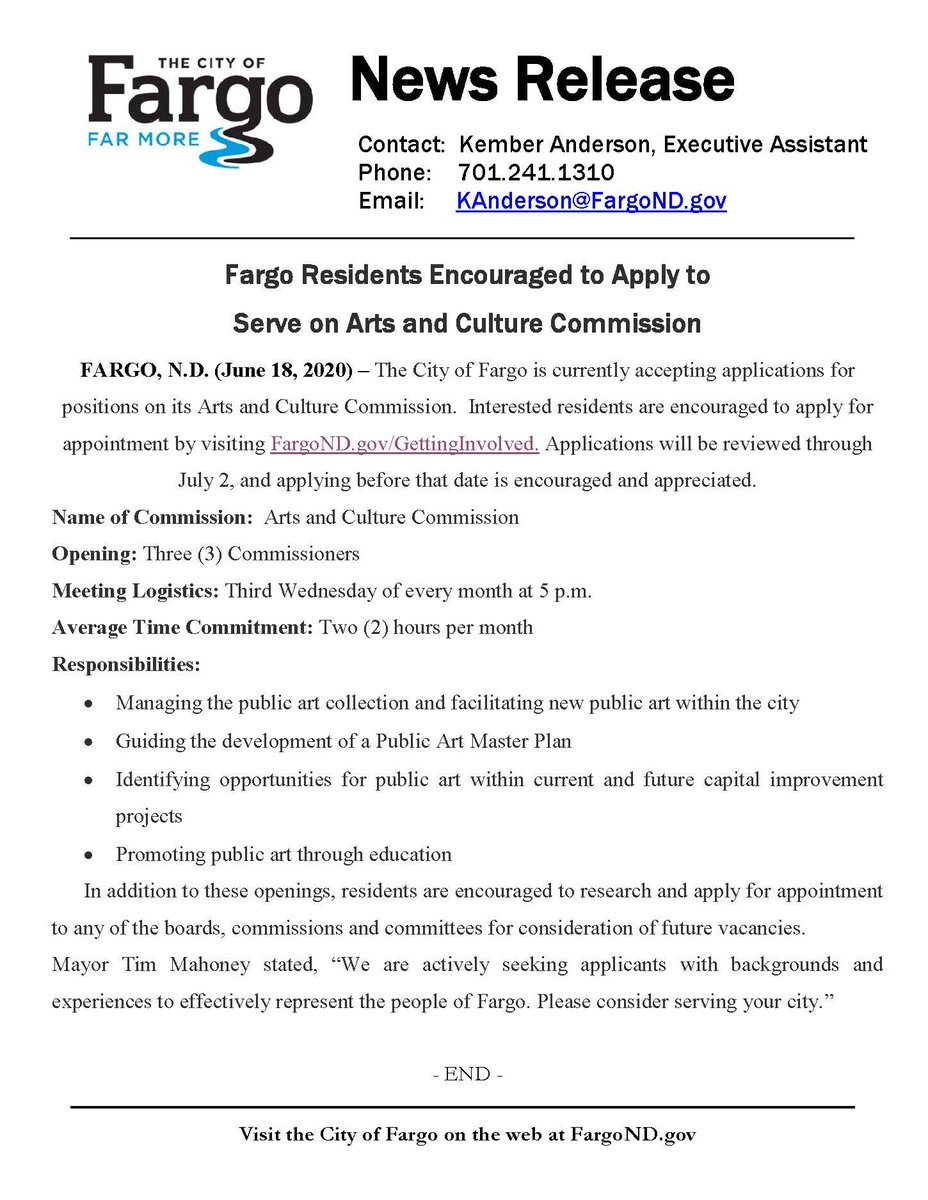 🚨ATTENTION ARTS ENTHUSIASTS🚨
The Fargo Arts and Culture Commission is looking for new members! 

To apply, visit: bit.ly/2CzExLf