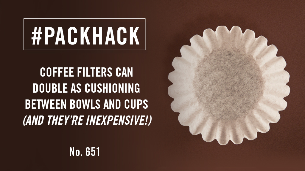 PODS's tweet photo. Coffee filters make a great, affordable packing tool. Save money by swapping out bubble wrap for coffee filters as cushioning between your cups and bowls! ☕ #PackHack https://t.co/lkSrGB57Cc